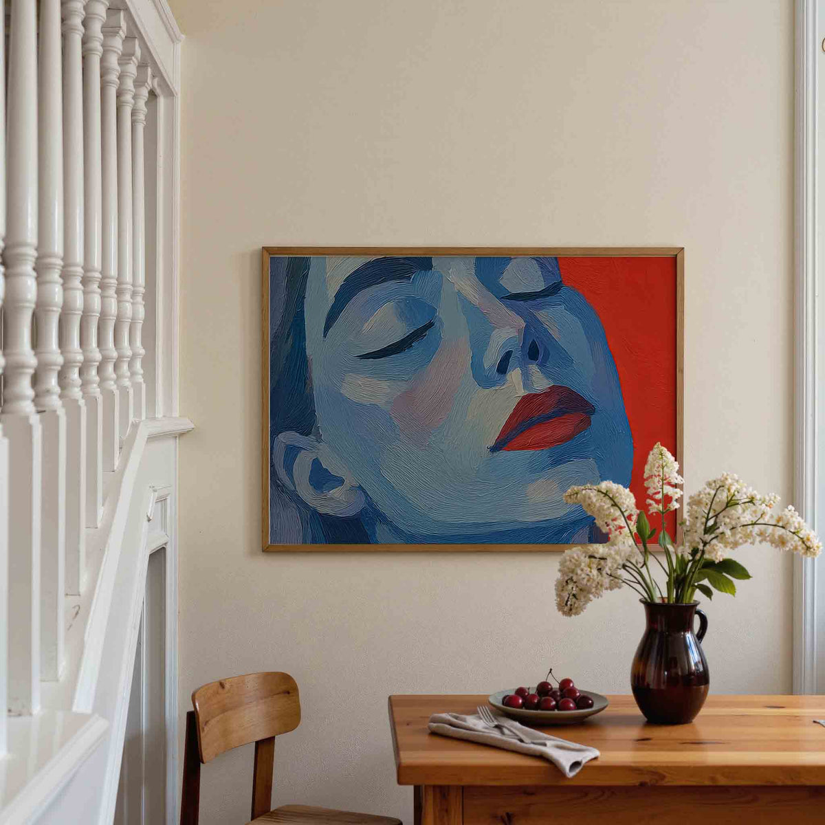 Blauw gezicht met rode achtergrond – liggende illustratie poster als wanddecoratie