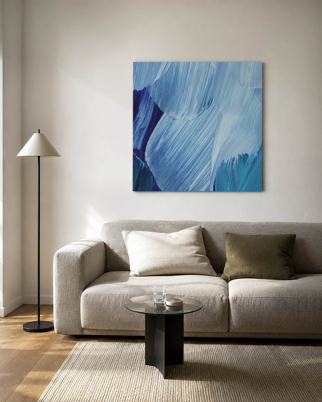 Dynamische blauwe borstels kunstwerk – detailweergave – dit kunstwerk toont vloeiende penseelstreken in verschillende tinten