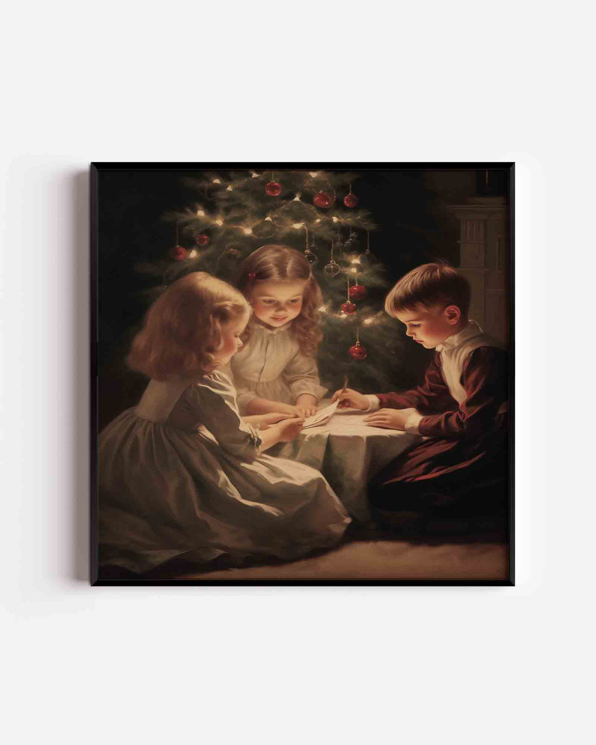 Kinderen bij kerstboom – kerst vierkante poster als wanddecoratie
