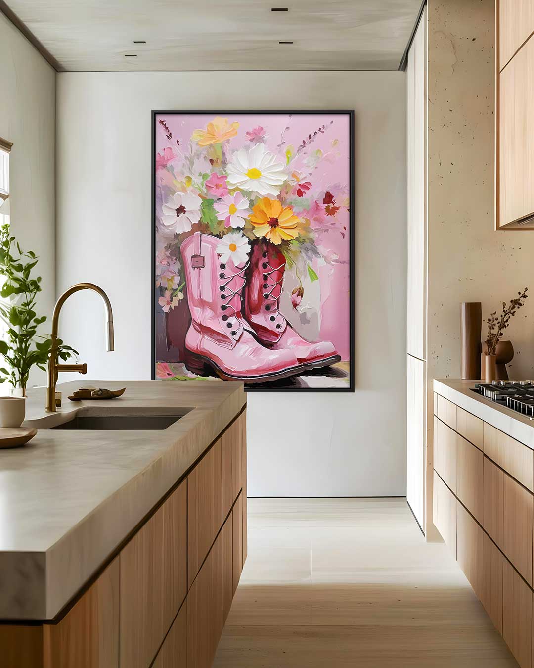 Bloemrijke Laarzen in Roze Tint – kunstwerk met zwarte baklijst