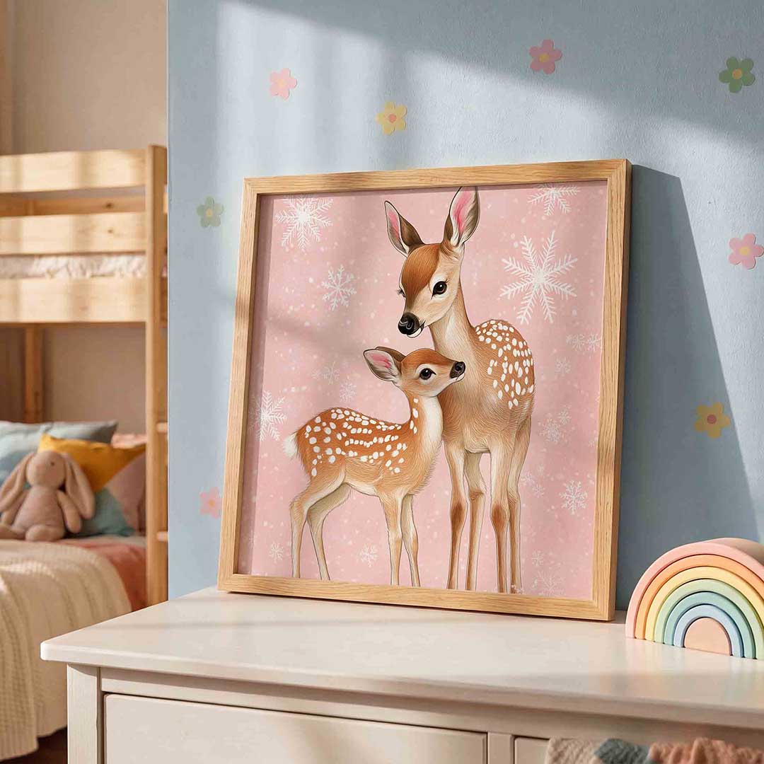 Herten op roze – speelse wandkunst als vierkante kinderposter
