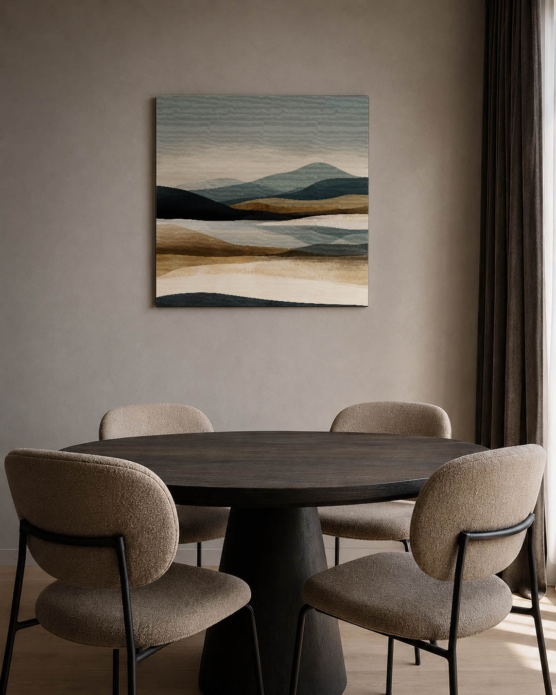 Gelaagde landschap compositie kunstwerk – tweede productweergave – dit werk toont een serene compositie van golvende lijnen