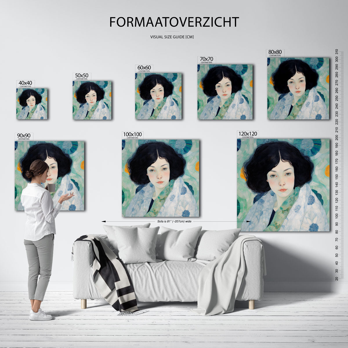 Vrouw met donkere haren – vierkante muurposter met kleurrijke illustratie