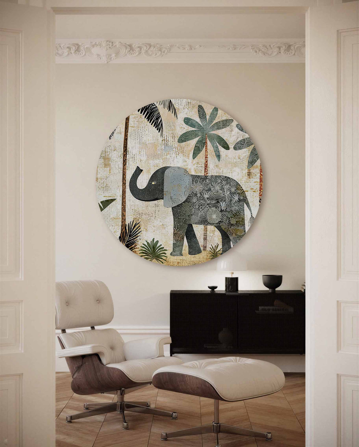 Olifant en palmbomen – illustratie muurcirkel als ronde muurdecoratie
