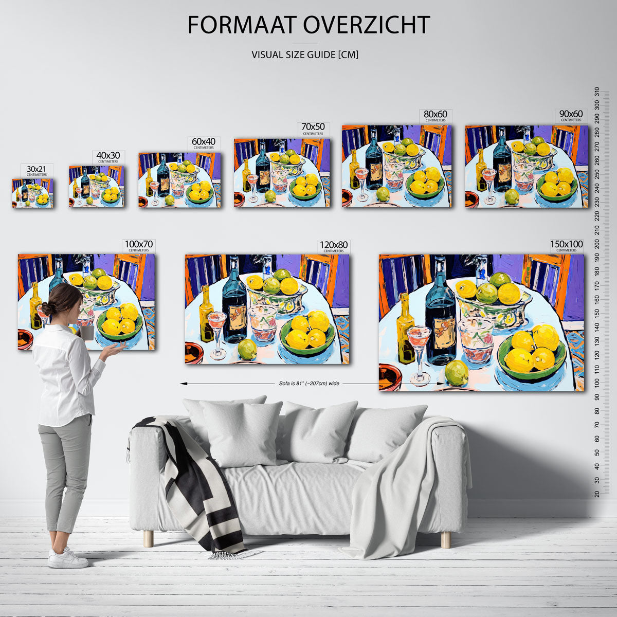 Citroenen en flessen op tafel – liggende muurposter voor keuken of eethoek