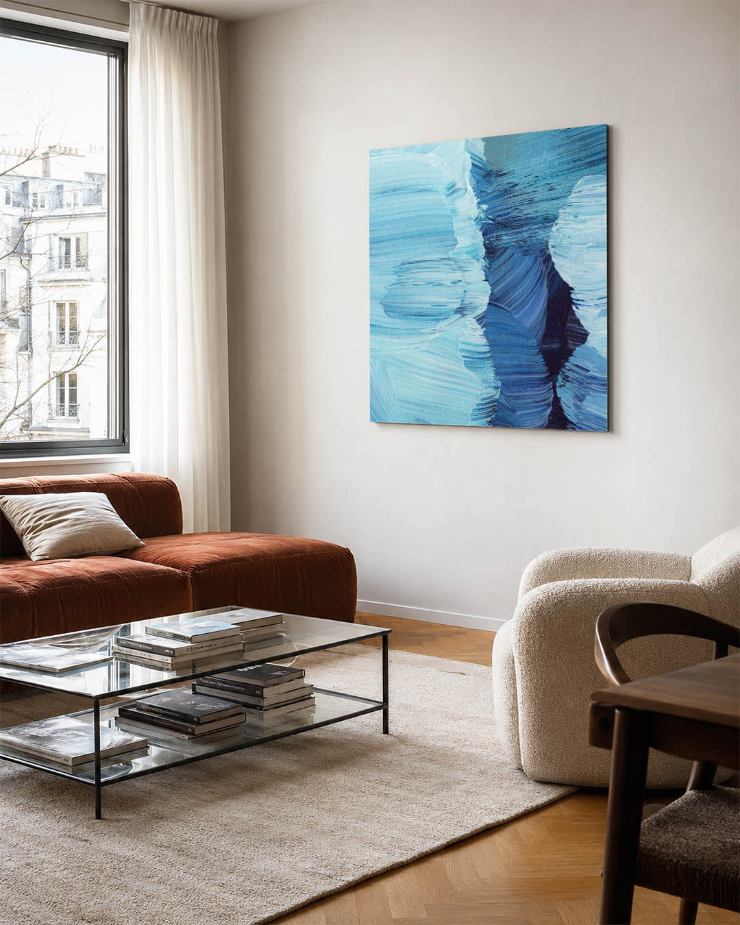 Dynamische blauwe borstels kunstwerk – vierkante wanddecoratie – dit werk toont vloeiende penseelstreken in diverse