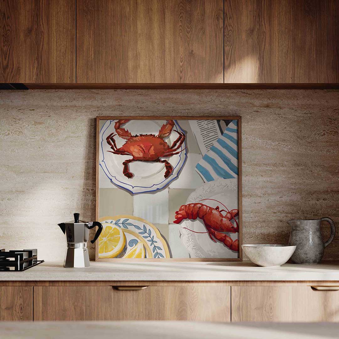Krab en kreeft op borden – culinaire wandkunst als vierkante poster