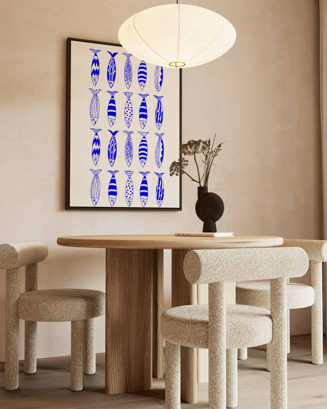 Abstract Vissenpatroon in Blauw – canvas wanddecoratie in portret formaat