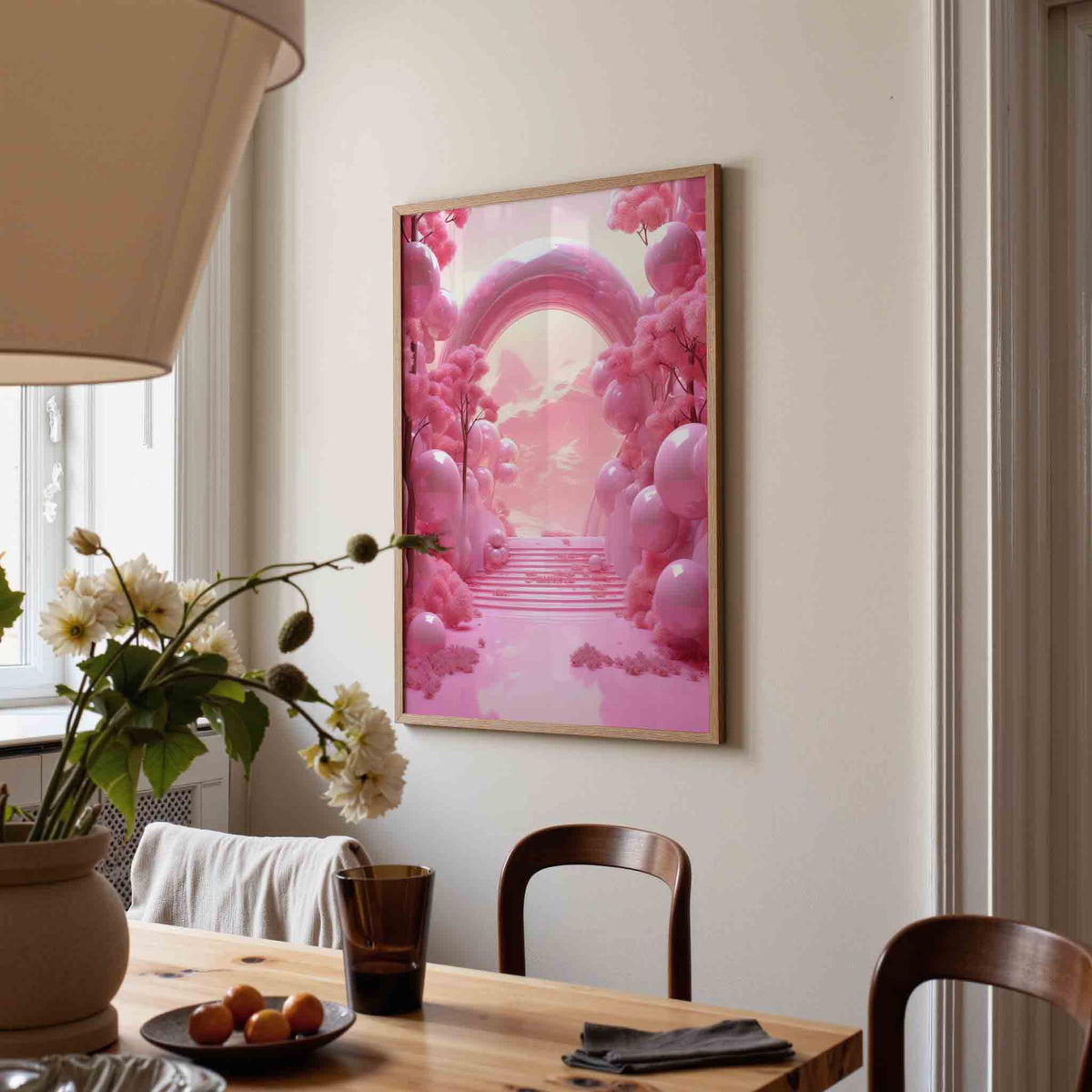 Roze landschap met bogen – kunst en design poster in portret formaat