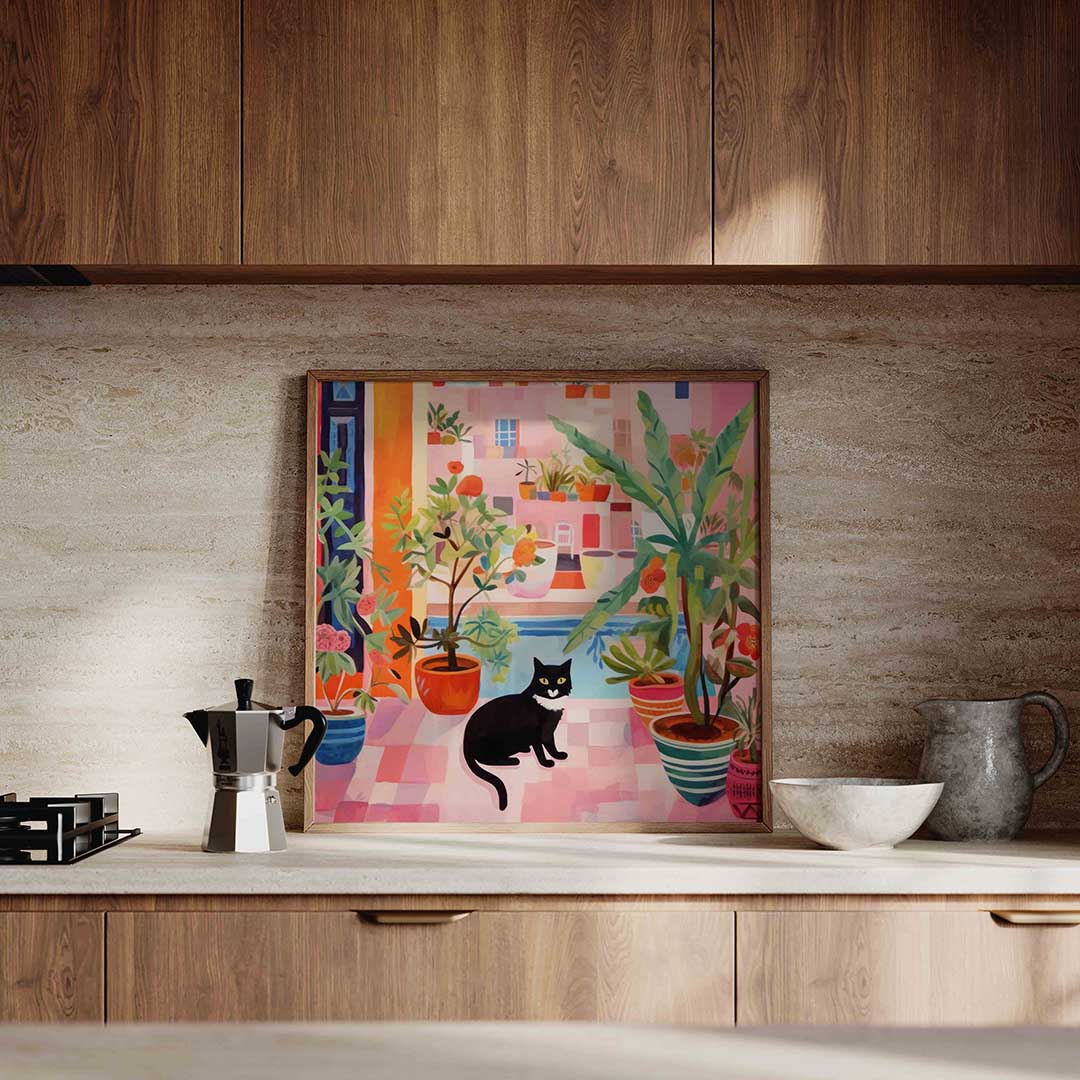 Kat tussen planten – culinaire wandkunst als vierkante poster