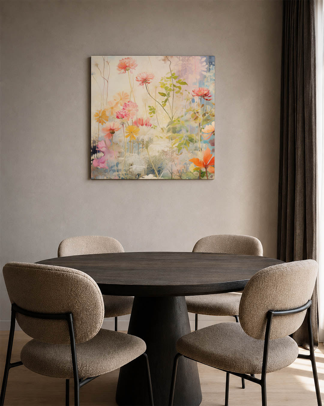 Bloemenpracht kunstwerk – derde productweergave – dit kunstwerk toont een levendige verzameling bloemen in zachte tinten, met