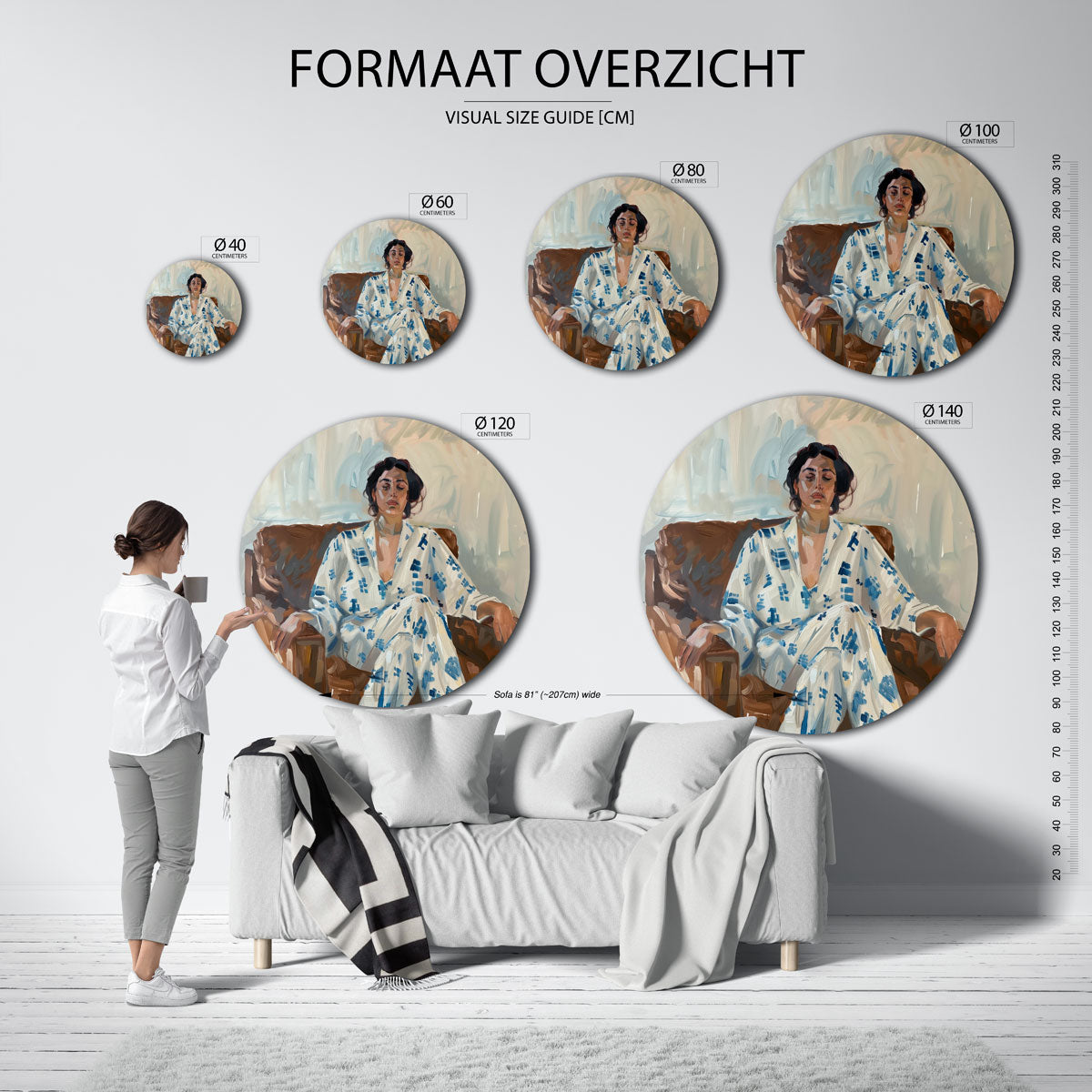 Vrouw in stoel – ronde muurdecoratie met kleur en vorm