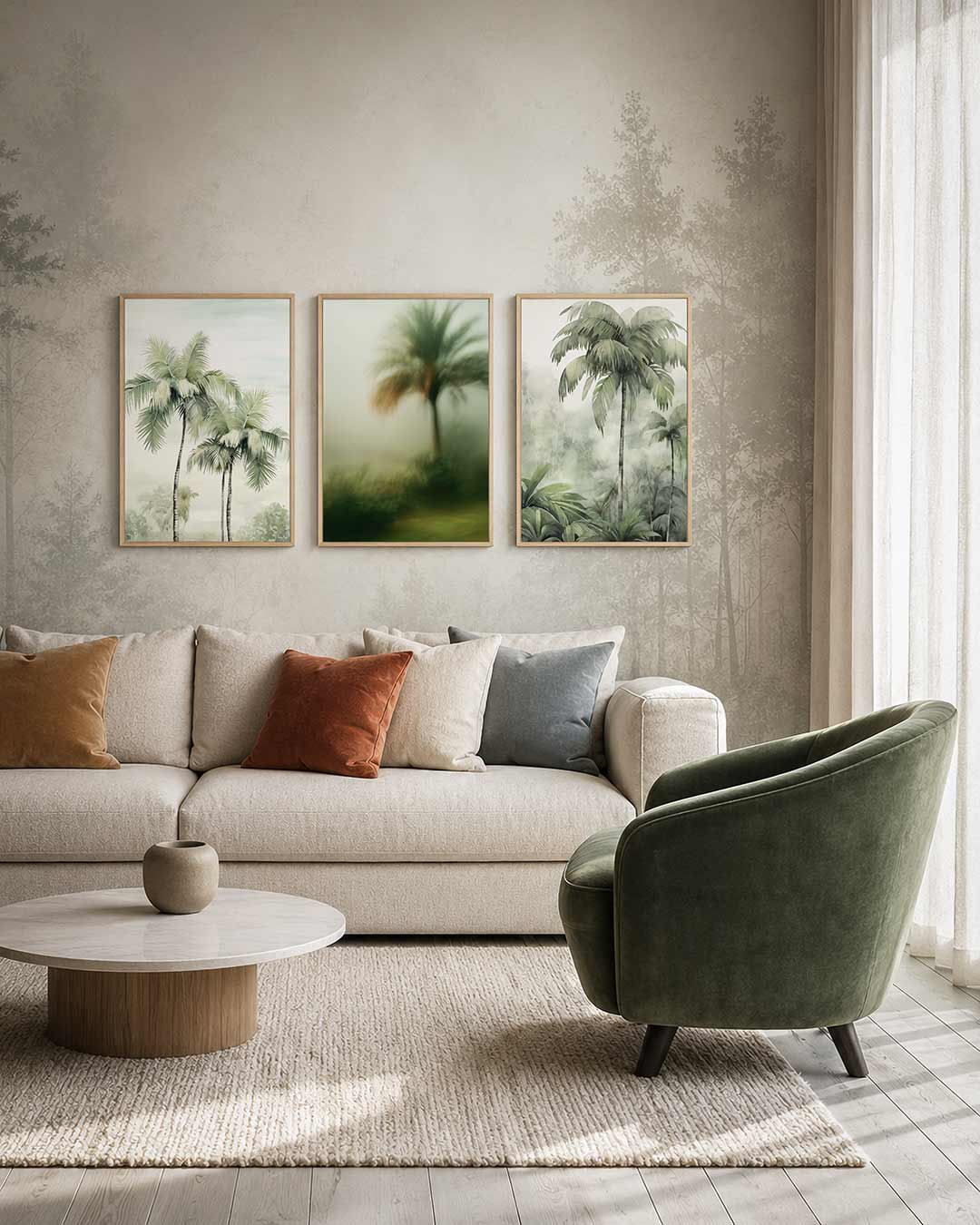 Tropische sereniteit driedelige posterset – deze posterset in drie delen toont slanke palmbomen tegen