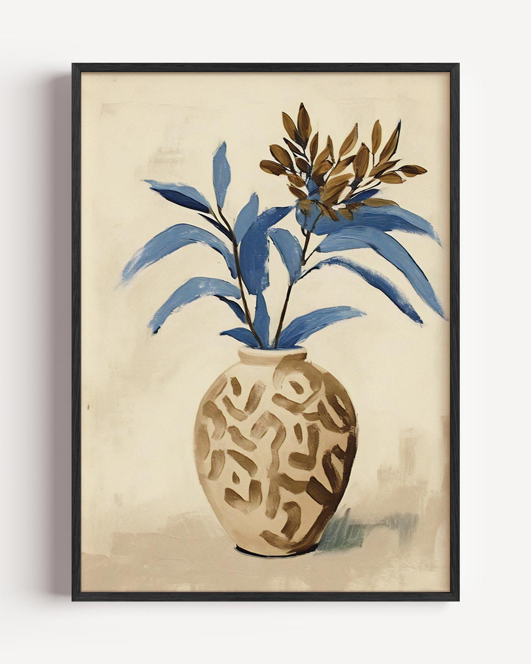 Vaas met blauwe bladeren – bloemen portret poster als wanddecoratie
