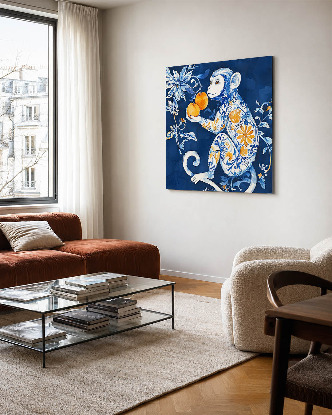 Fantasierijke aap kunstwerk – vierkante wanddecoratie – dit kunstwerk toont een gedetailleerde aap met sierlijke patronen in