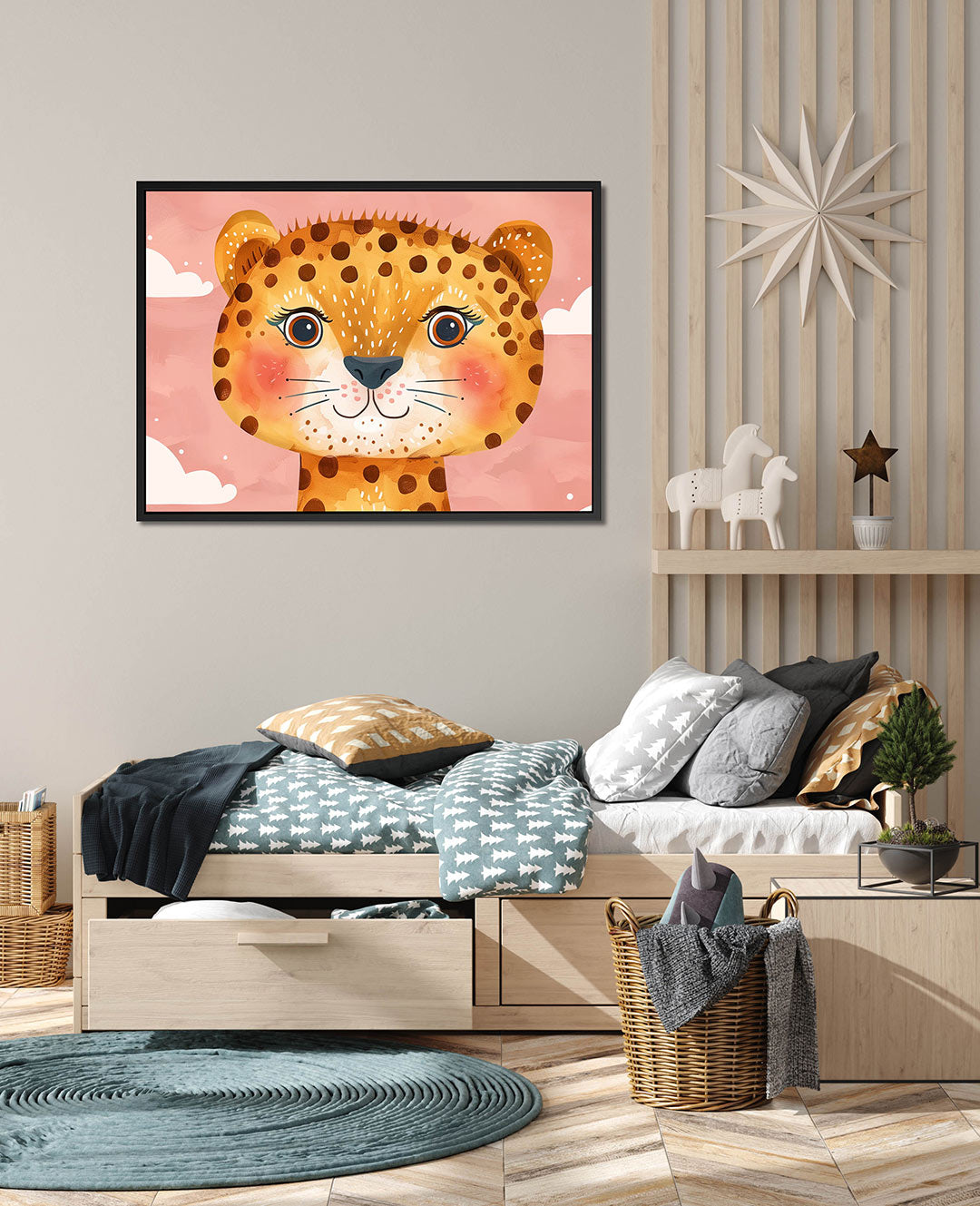 Vrolijke luipaard illustratie – Speelse – wanddecoratie in interieur
