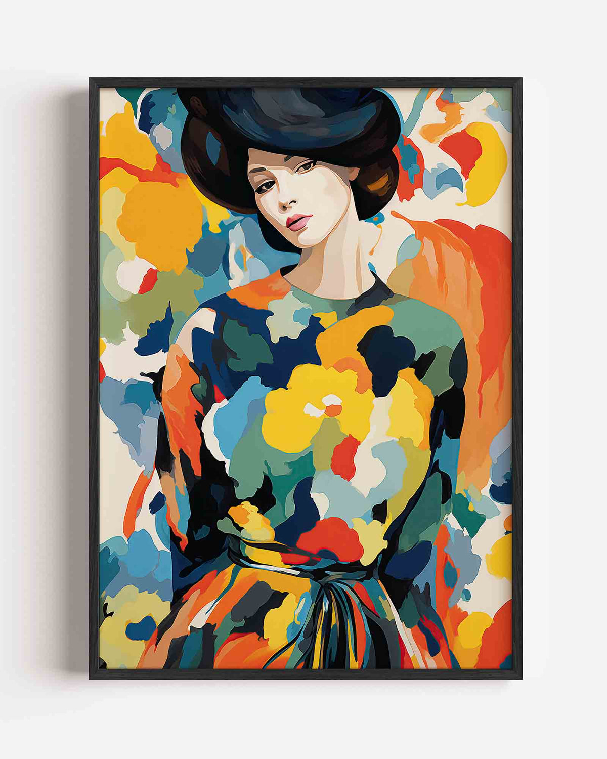 Vrouw met kleurrijke achtergrond – botanische portret poster als wanddecoratie