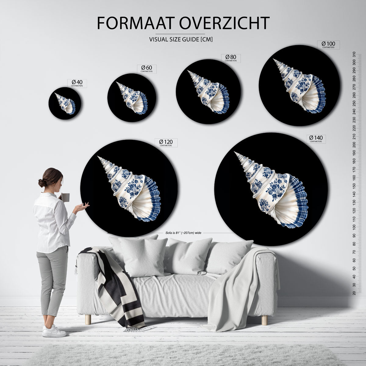 Schelp met blauwe bloemen – Pop Art wandkunst als moderne muurcirkel