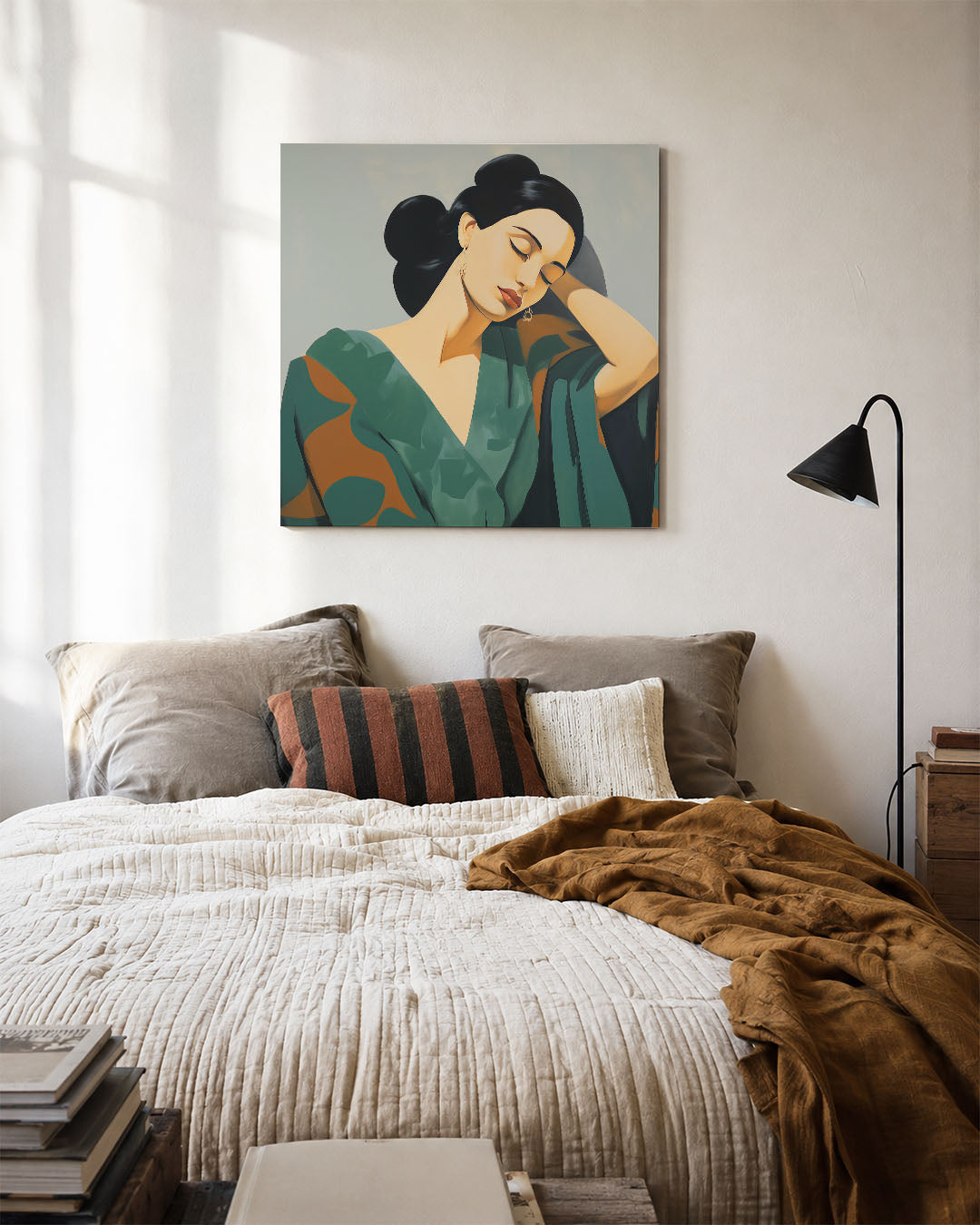 Dromerige vrouw kunstwerk – detailweergave – dit kunstwerk toont een serene vrouw met gesloten ogen. De zachte lijnen en