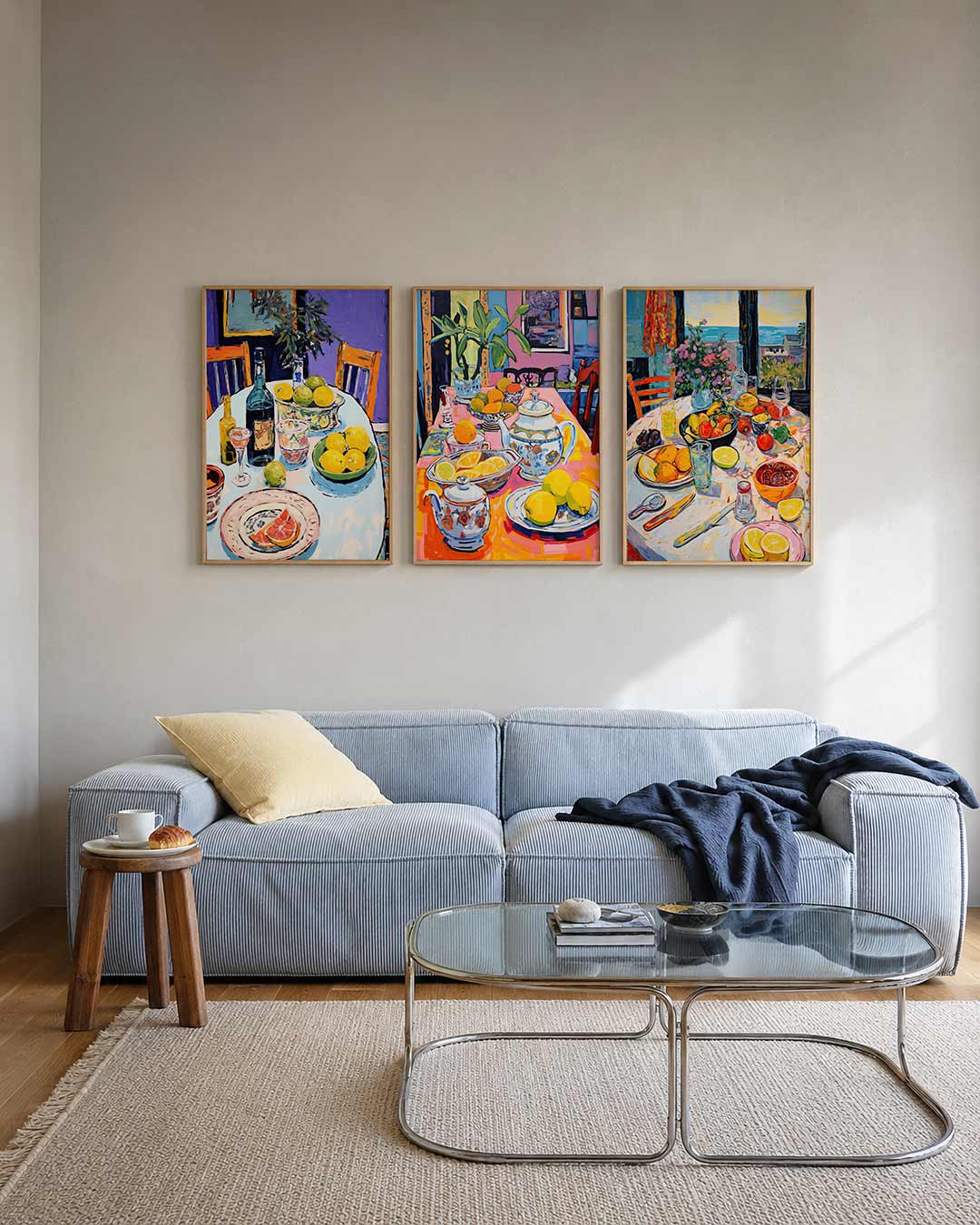 Kleurrijke tafelsfeer posterset – tweede productweergave – een levendige tafel met citrusvruchten, flessen en glazen