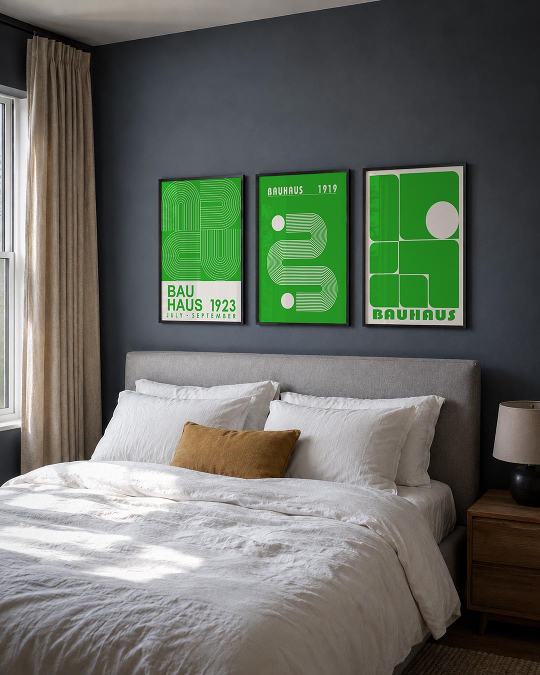 Lijnen en kleurvlakken posterset – detailweergave – deze posterset in drie delen toont een ritmisch lijnenspel in groen en