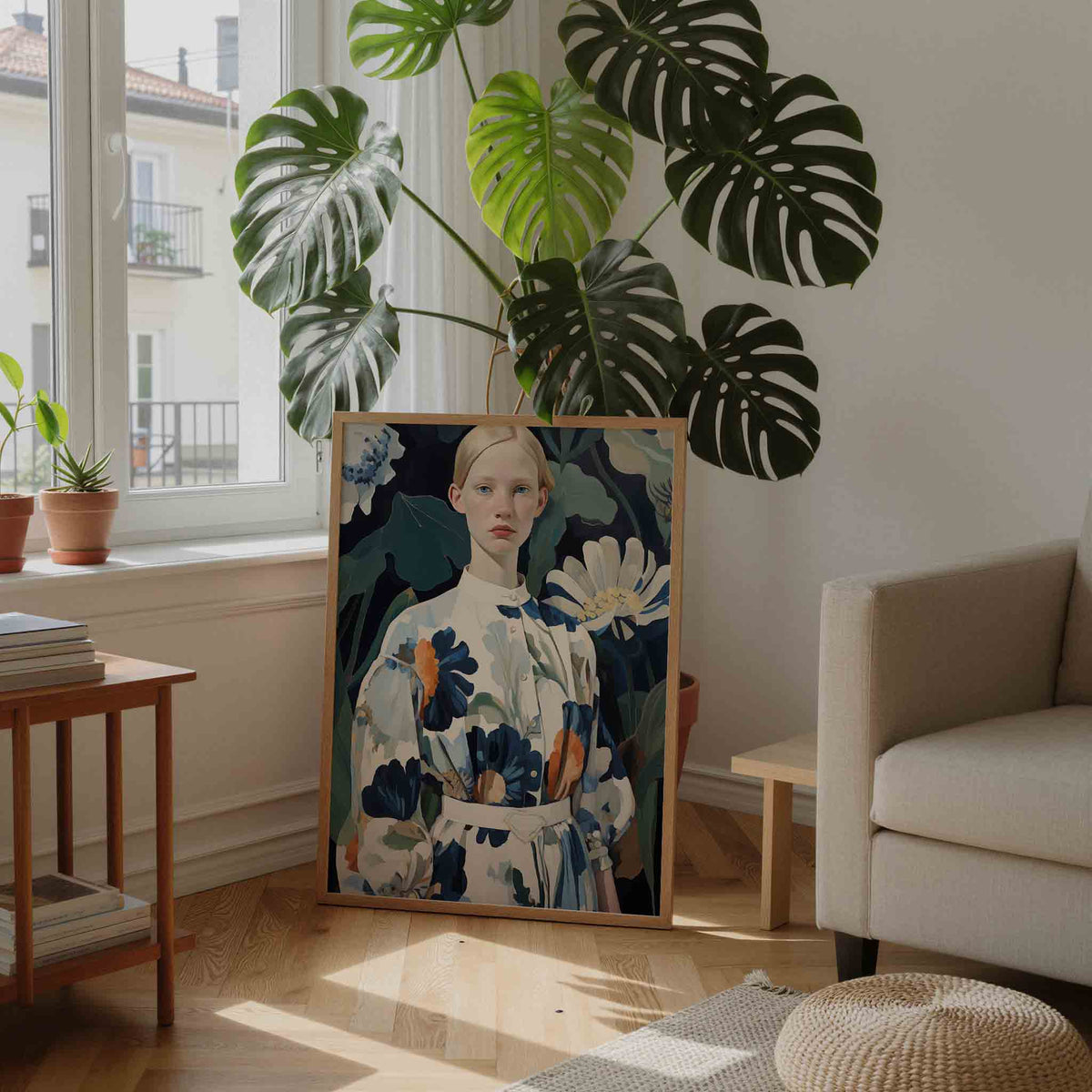 Vrouw met bloemenjurk – staande botanische wanddecoratie van WallArtistic