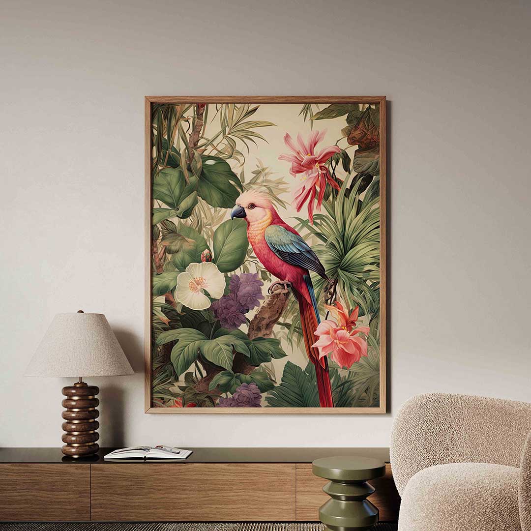 Papegaai en bloemen – tropische jungle poster in staand formaat
