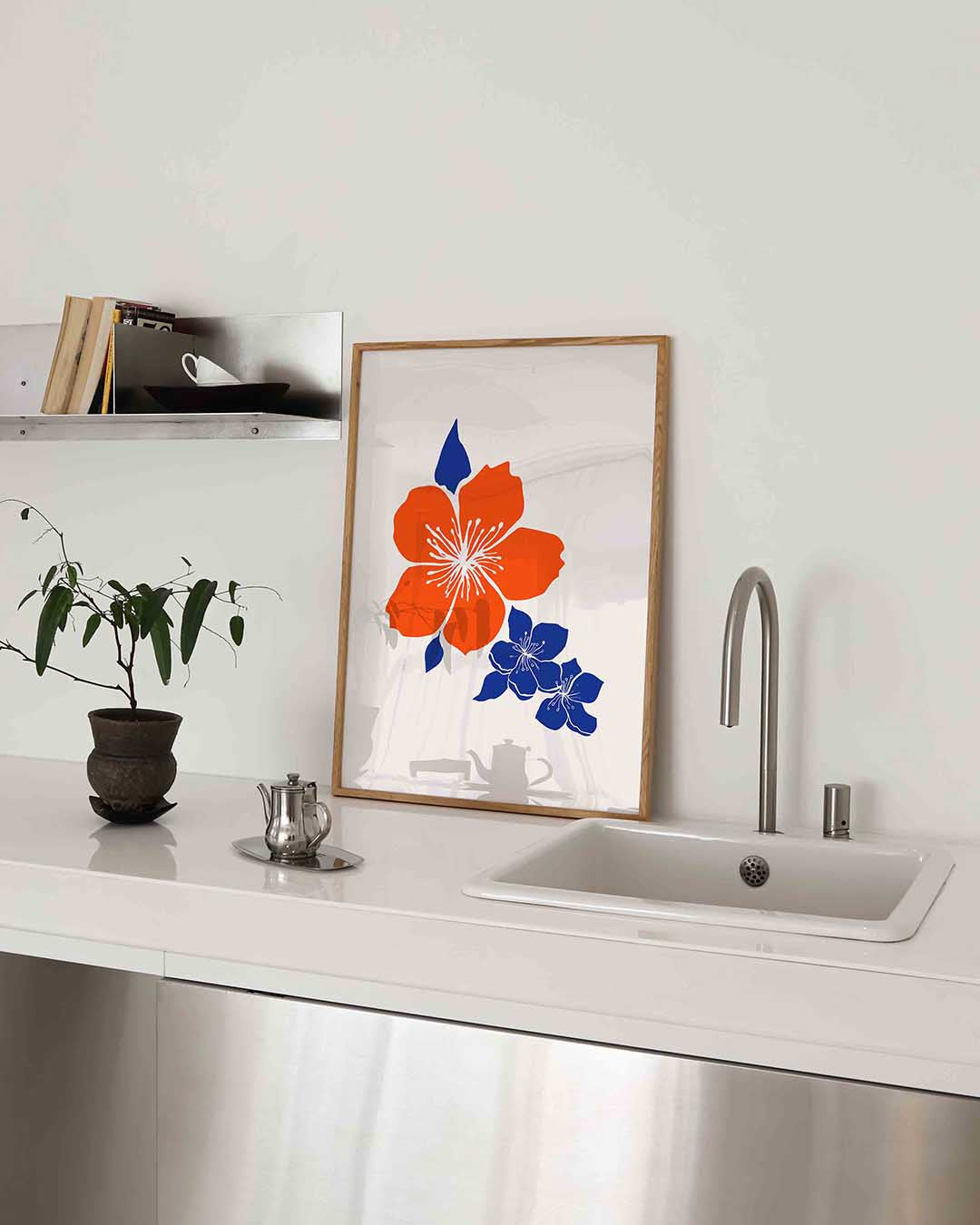 Bloemen in oranje en blauw – Aziatische poster in staand formaat