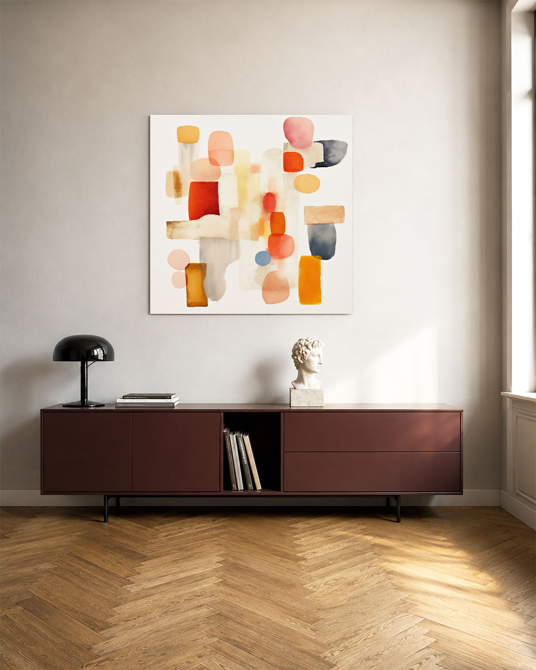 Vormenspel in kleur kunstwerk – tweede productweergave – dit werk toont een dynamisch spel van organische vormen in warme