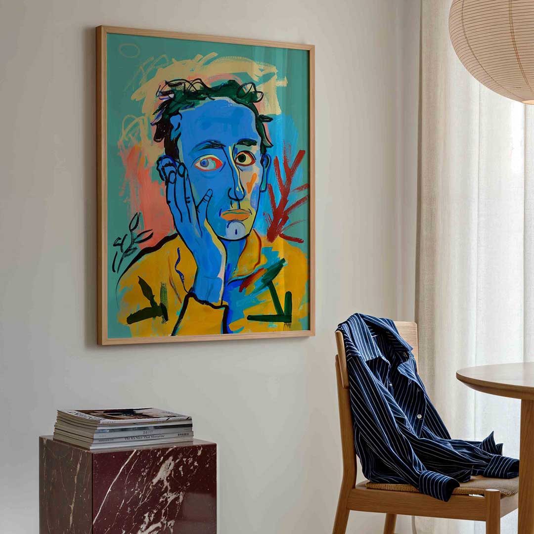 Blauw gezicht met hand – kleurrijke illustratie poster in staand formaat