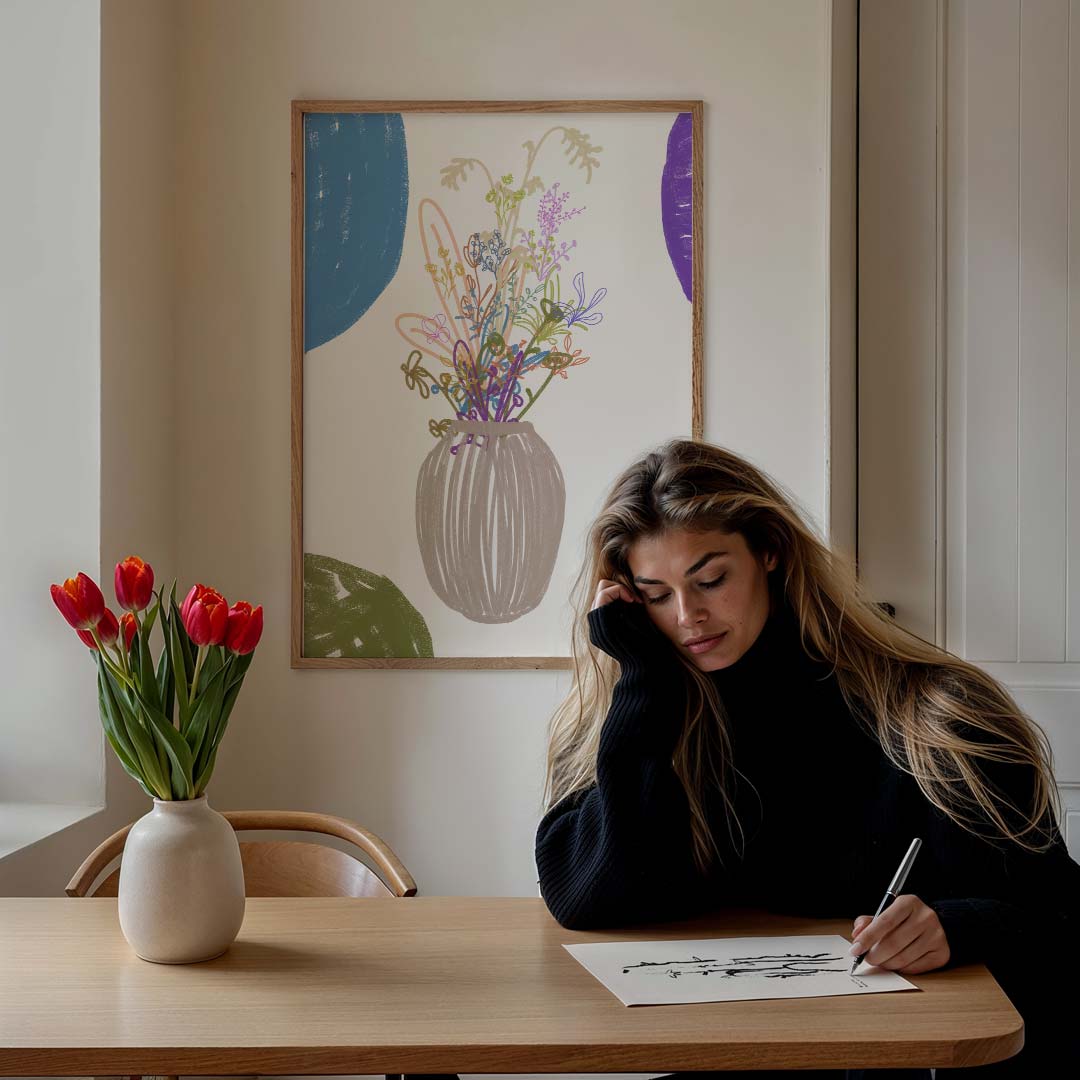 Bloeiende Vaas Tekening – bloemen poster in staand formaat