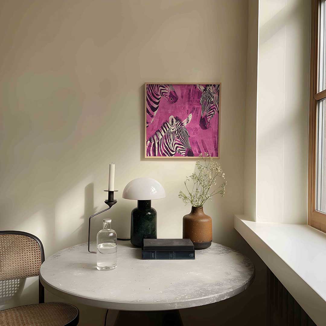 Zebra's op roze – dieren poster in vierkant formaat