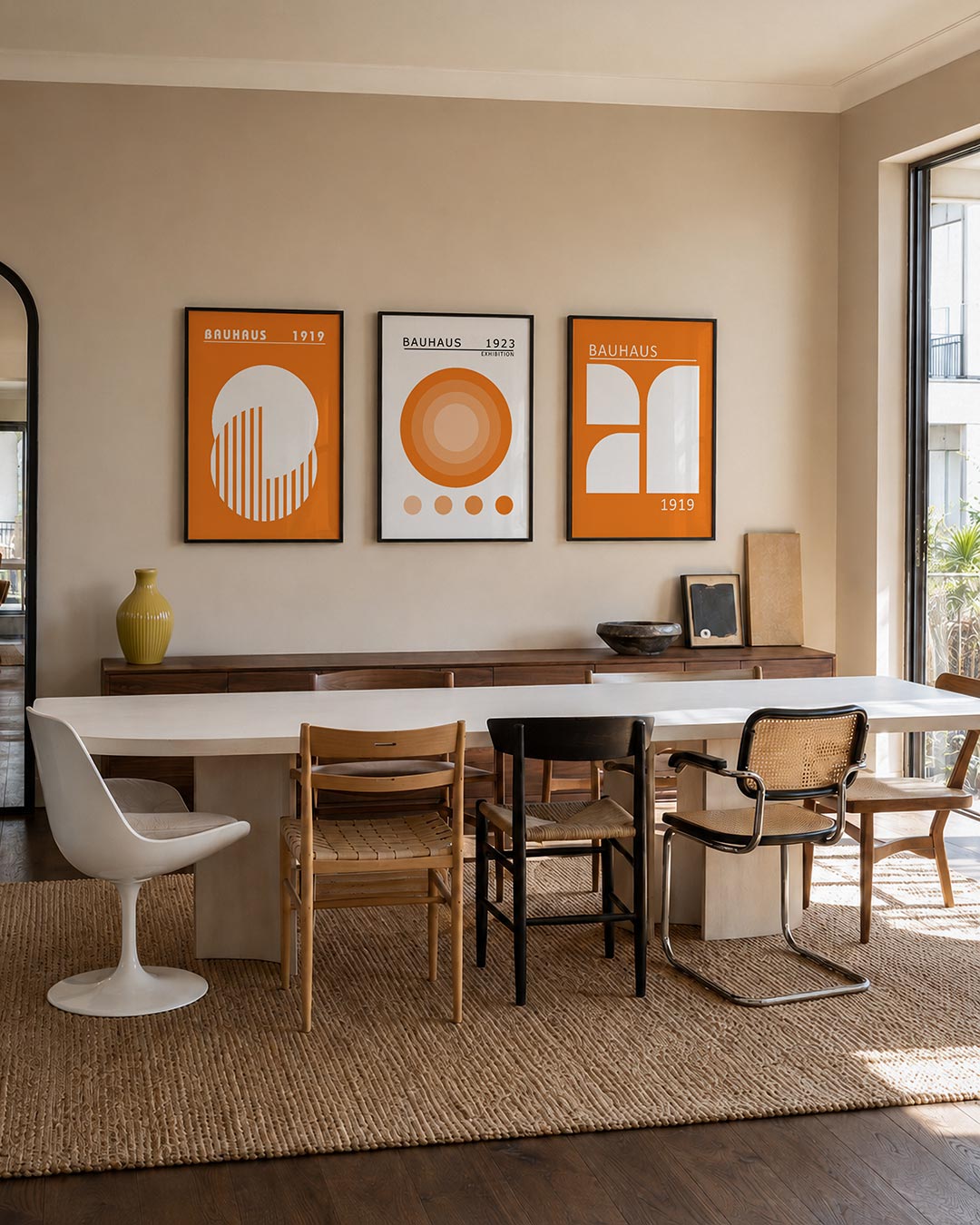 Vormen en vlakken posterset – tweede productweergave – deze posterset in drie delen toont een levendig spel van oranje en
