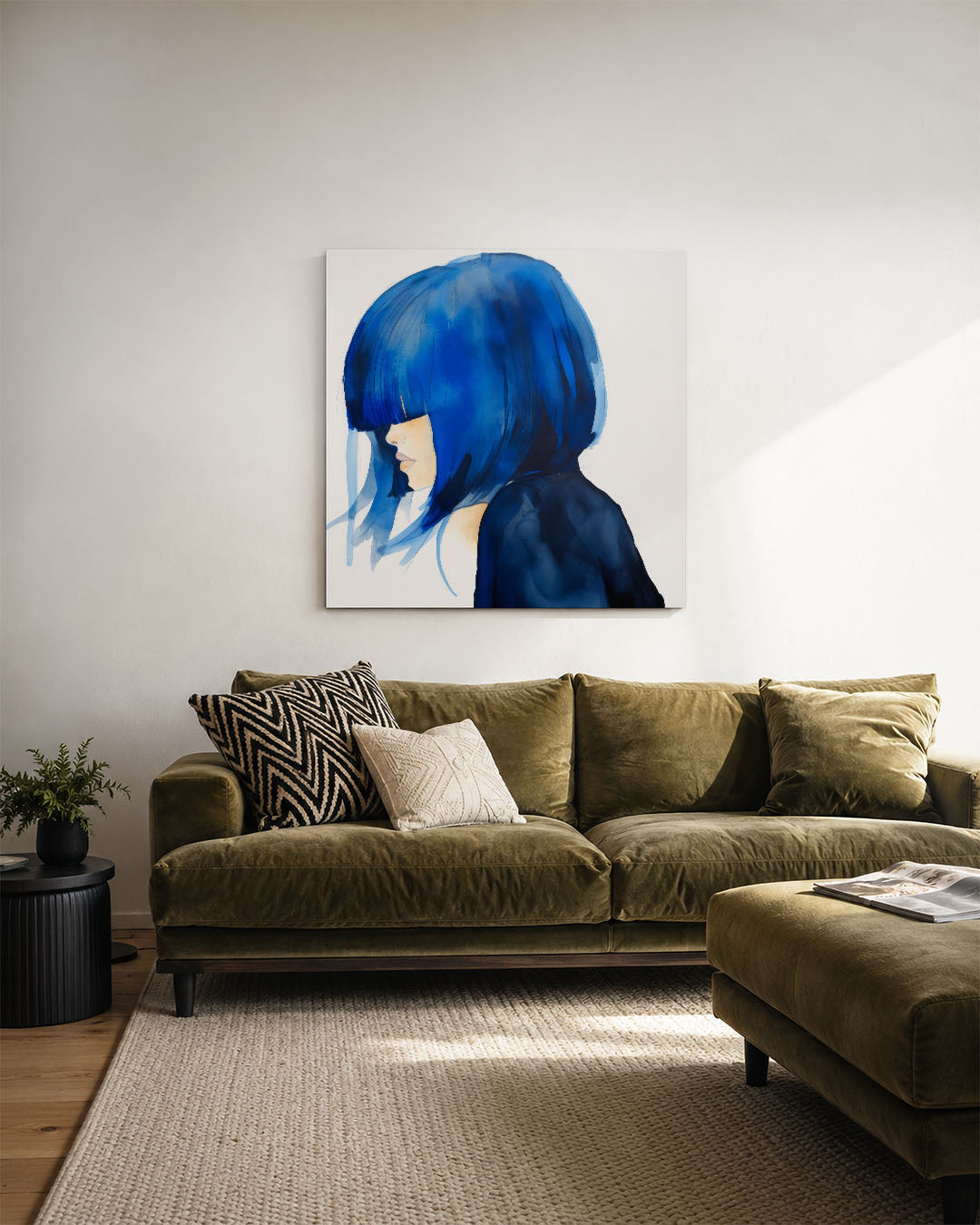 Blauwe silhouet kunstwerk – derde productweergave – dit kunstwerk toont een zijaanzicht van een persoon met opvallend blauw