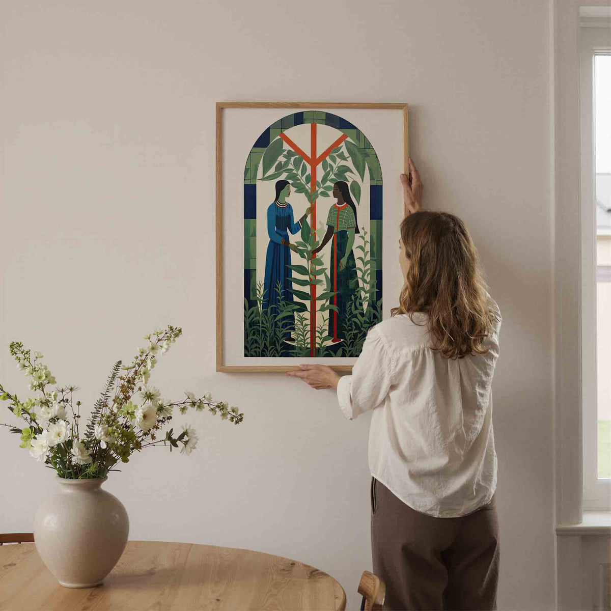 Twee figuren met planten – botanische wandkunst als portret poster