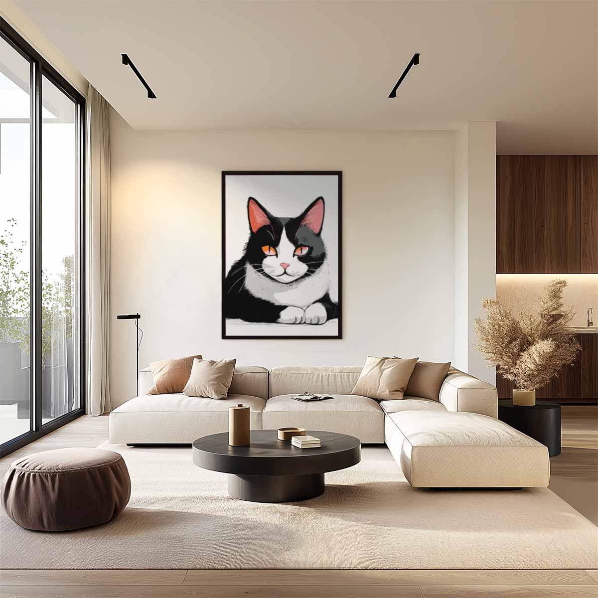 Relaxte Kat in Stijlvolle Zwart-Wit Illustratie – staand kunstwerk voor modern interieur