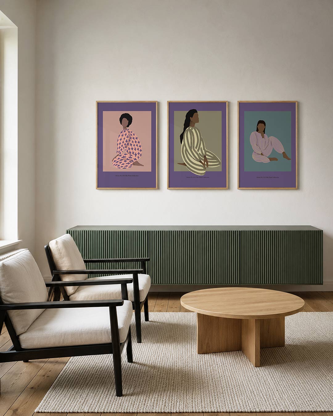 Vorm en kleur posterset – derde productweergave – een figuur in zachte tinten met een patroon van paarse kruisen