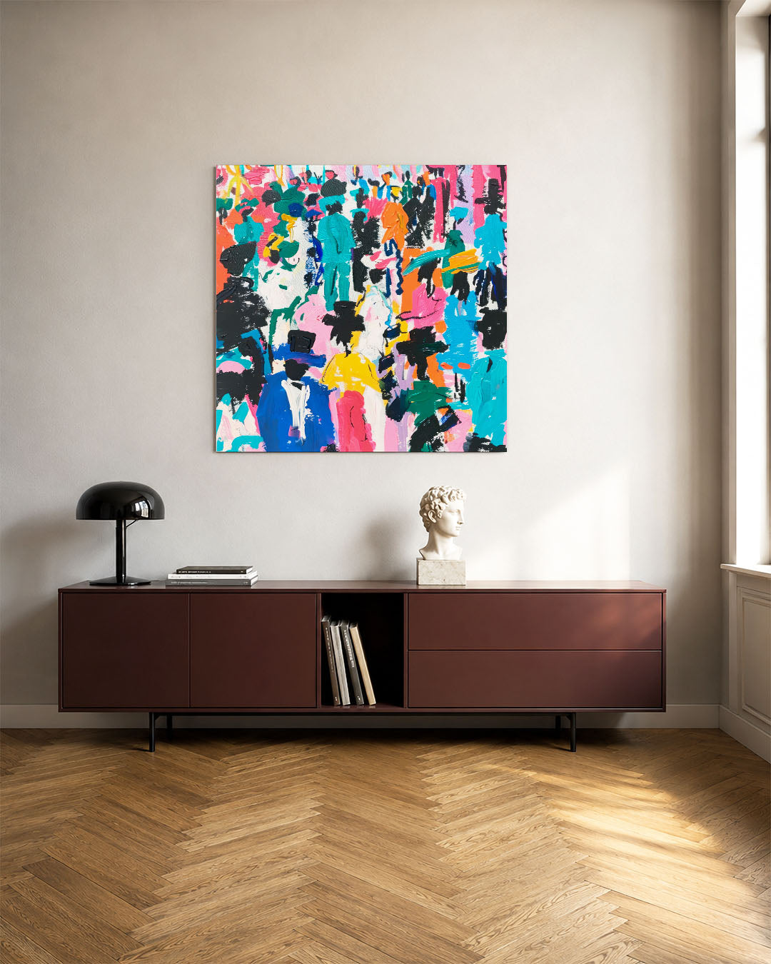 Kleurrijke figuren kunstwerk – tweede productweergave – dit werk toont een dynamische compositie van kleurrijke, abstracte
