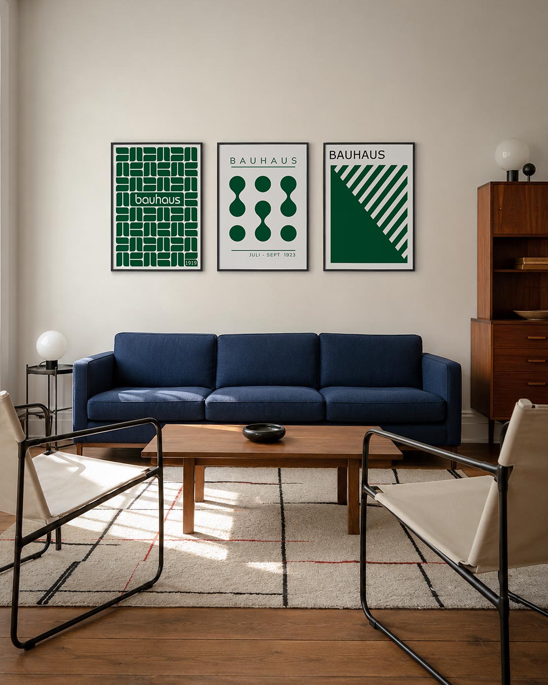 Vorm en ritme driedelige posterset – deze posterset in drie delen toont een ritmisch patroon van donkergroene blokken op een