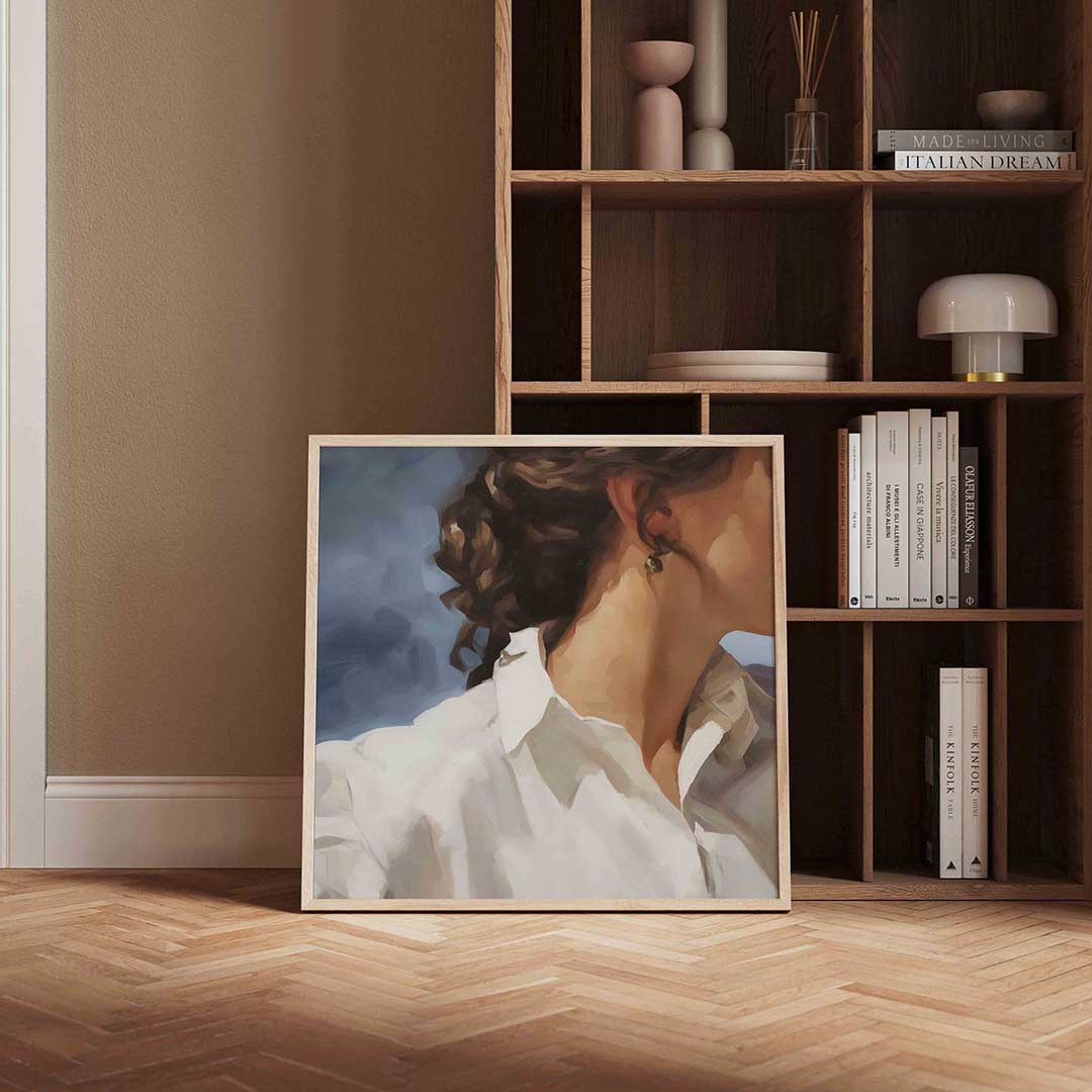 Vrouw in witte blouse – portret poster in vierkant formaat