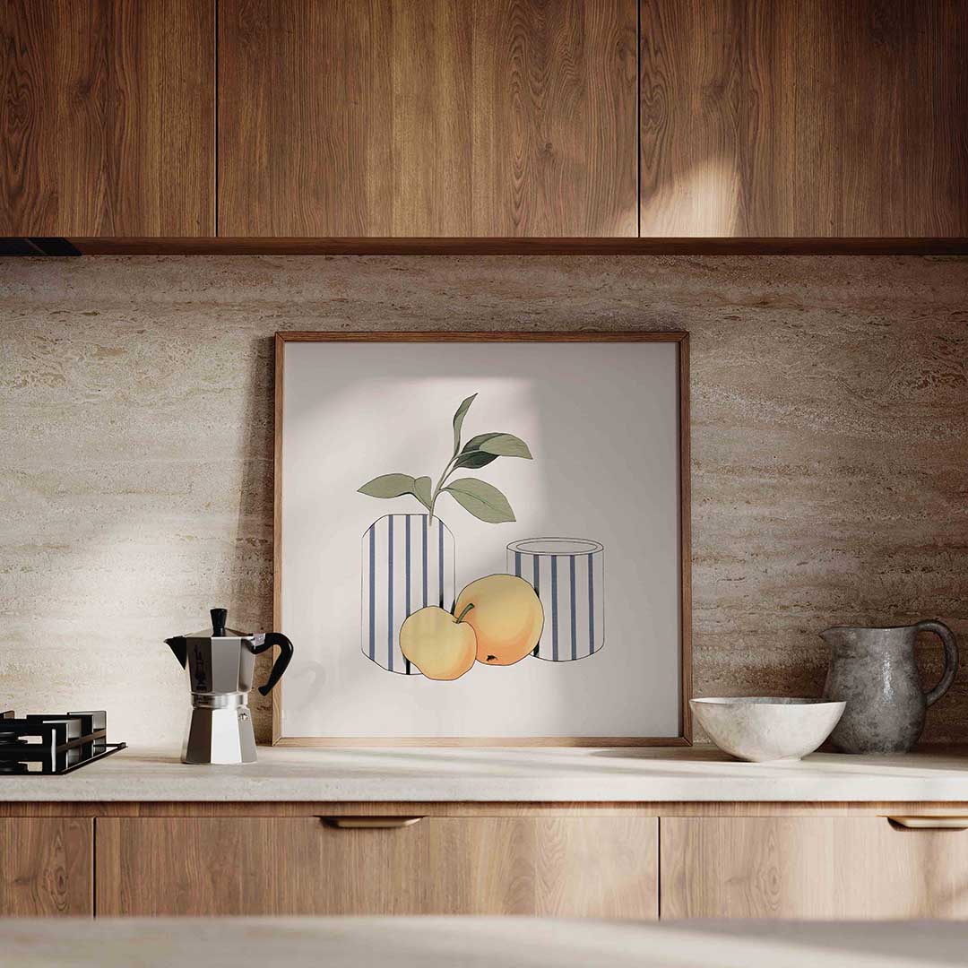 Gestreepte vazen met fruit – culinaire wandkunst als vierkante poster