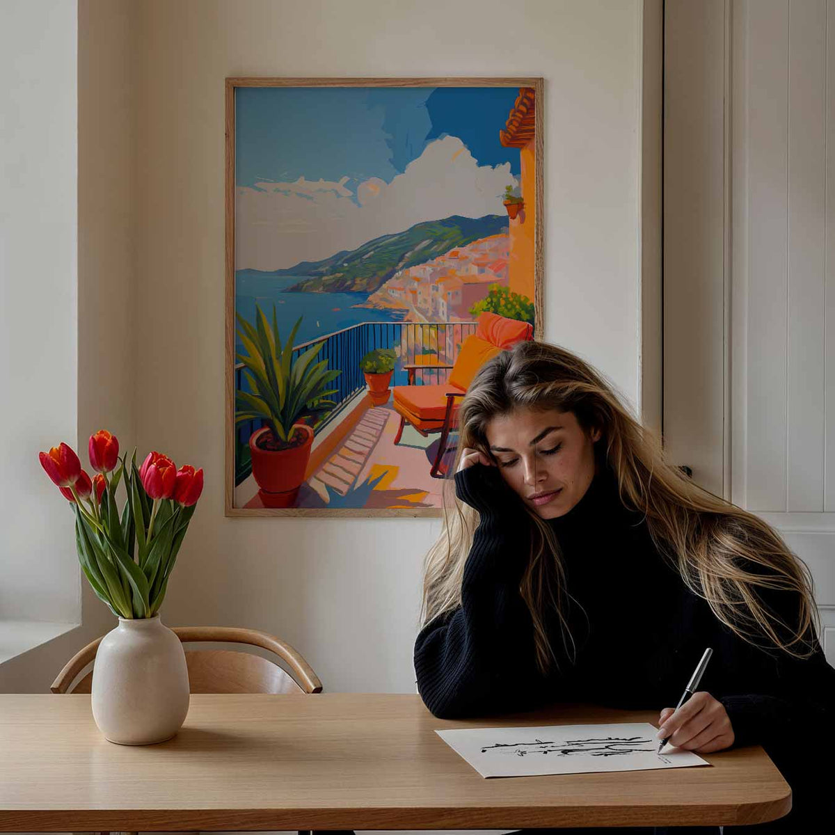 Droomuitzicht vanaf een Zonovergoten Balkon – zomer poster als frisse staande wanddecoratie
