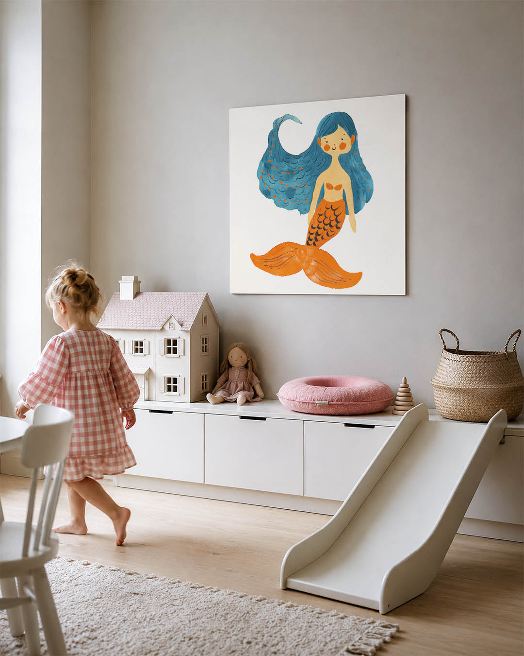 Vrolijke zeemeermin illustratie kunstwerk – tweede productweergave – dit werk toont een speelse zeemeermin met blauwe haren