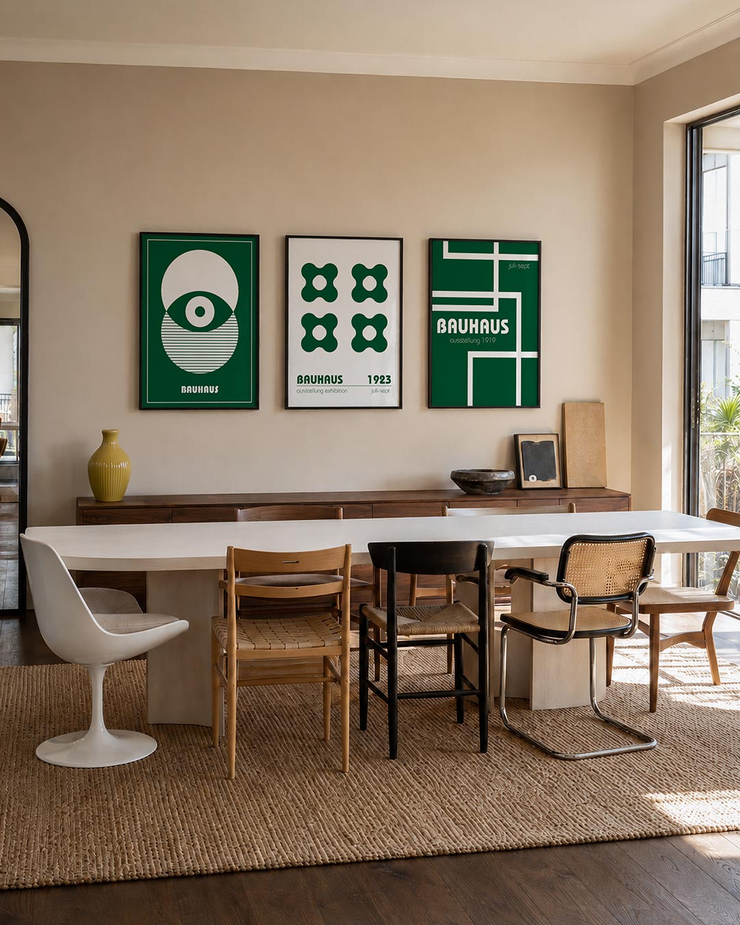 Cirkel en strepen posterset – tweede productweergave – deze posterset in drie delen toont een spel van cirkels en lijnen in