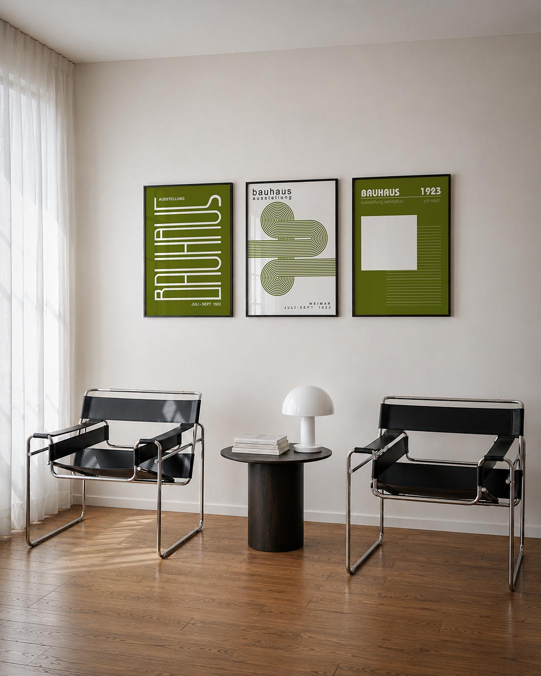 Lijnen en vlakken driedelige posterset – wit lijnenspel op een olijfgroene achtergrond. Rechte en gebogen lijnen vormen een