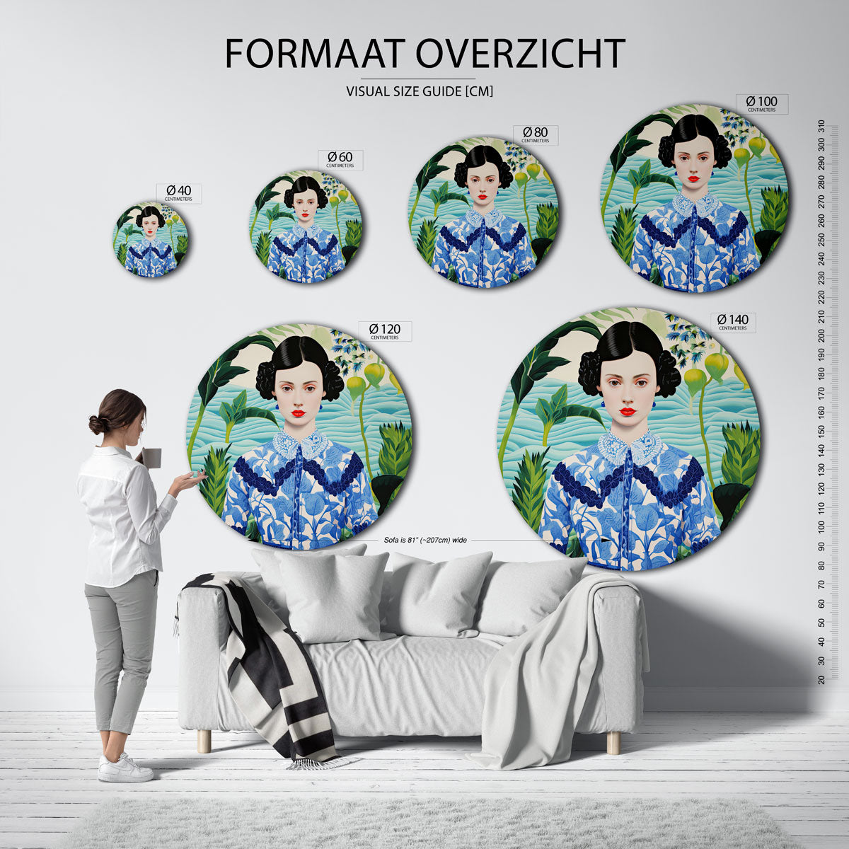 Vrouw met planten – abstracte wandkunst met textuur als muurcirkel