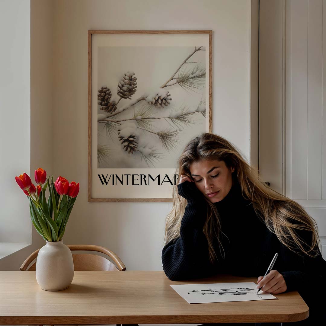 Winterse Dennenappel – feestelijke wandkunst als portret poster