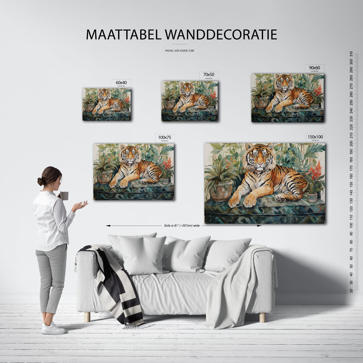 Tijger en bladeren – kunstwerk op canvas, dibond of plexiglas