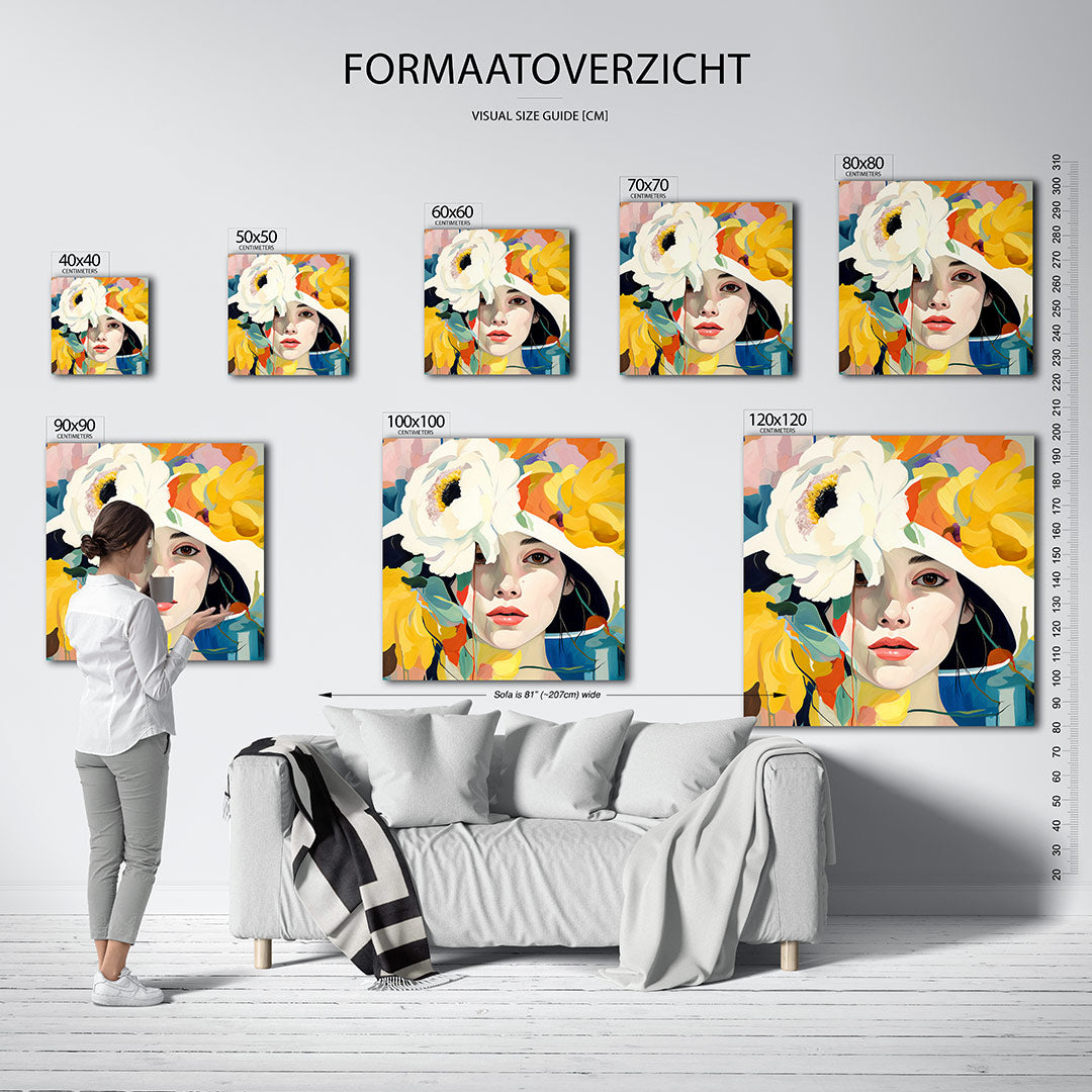 Vrouwelijk bloemenportret kunstwerk – sfeerbeeld – dit werk toont een vrouwelijk gezicht omringd door grote, kleurrijke
