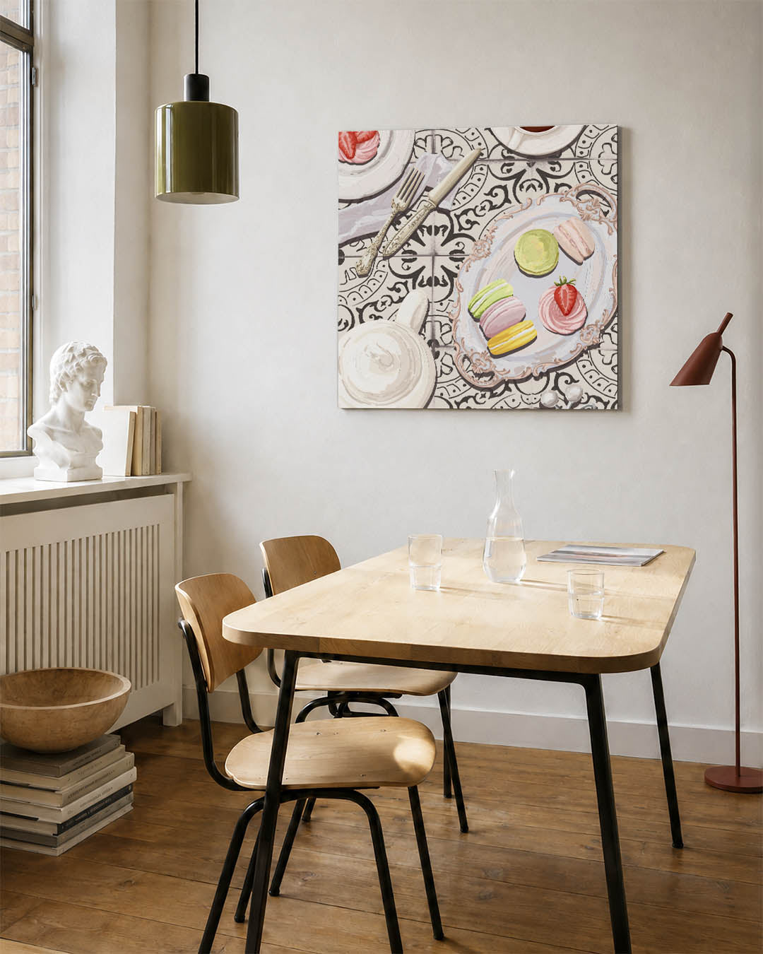 Delicaat desserttafereel kunstwerk – detailweergave – dit toont een elegant gedekte tafel met kleurrijke macarons en